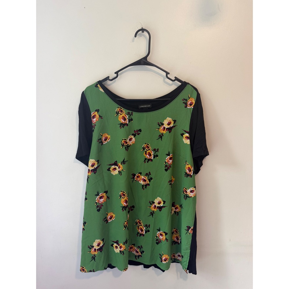 Lane Bryant Womens Floral Mixed Media Top Green Black Short Sleeve Blouse 14/16